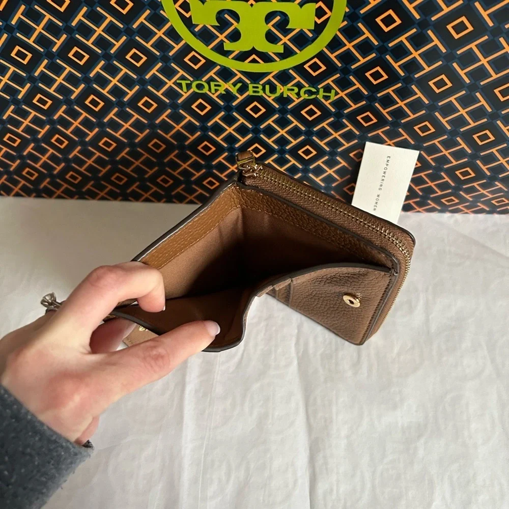 Tory Burch Britten Bifold Wallet Moose Gold Brown Tan